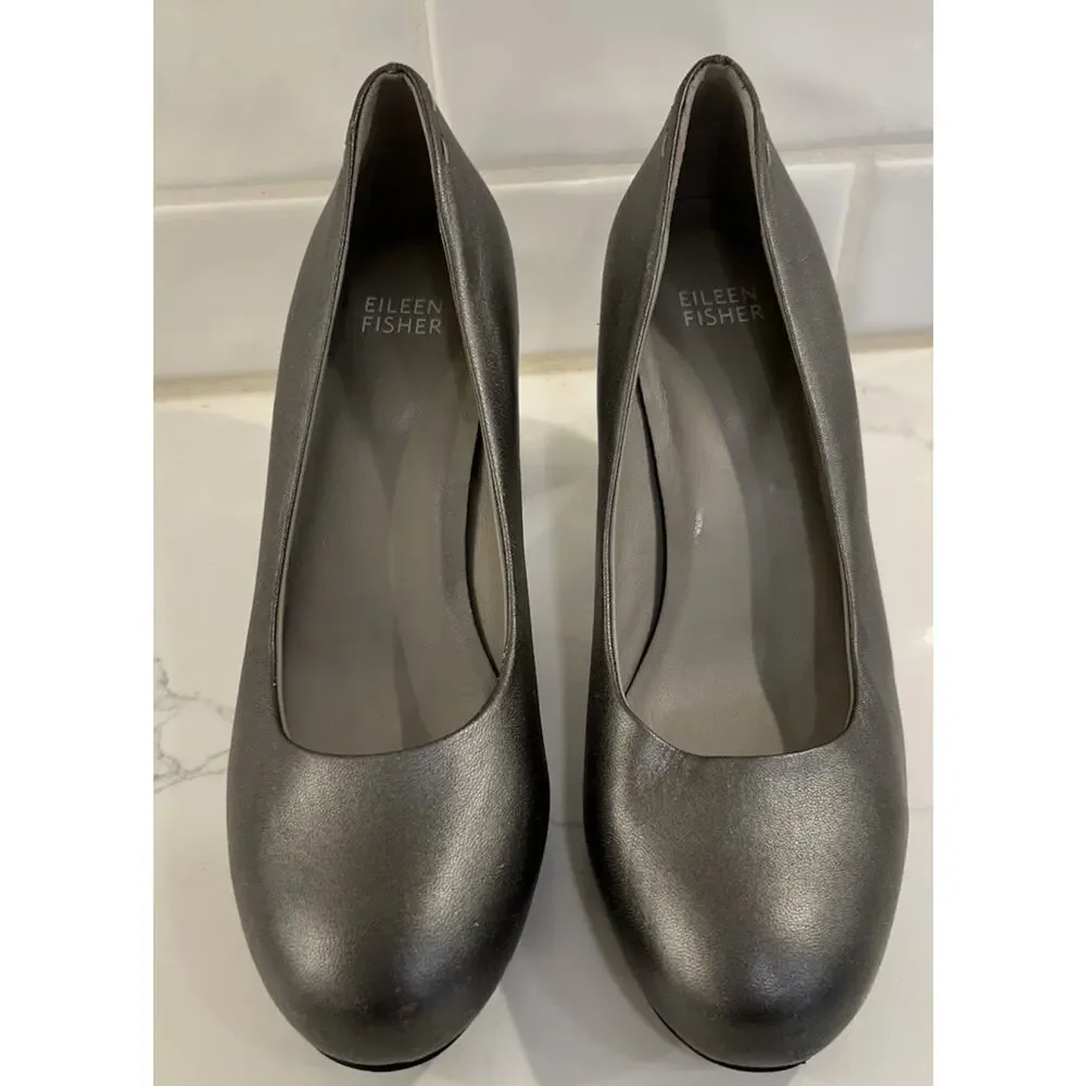 Eileen Fisher Pure‎ II Womens Sz 7.5 M Gray Metallic Pumps Heels Shoes Round Toe